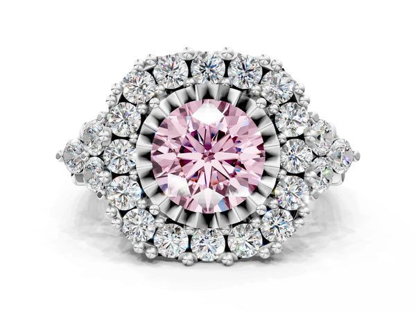 Platinum Fancy Pink Round Cut Diamond Halo Ring with Pavé Band and Four-Prong Setting