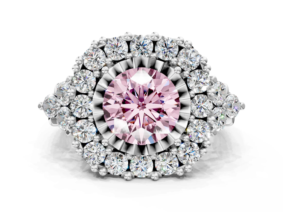 White gold Fancy Pink Round Cut Diamond Halo Ring with Pavé Band and Four-Prong Setting_29