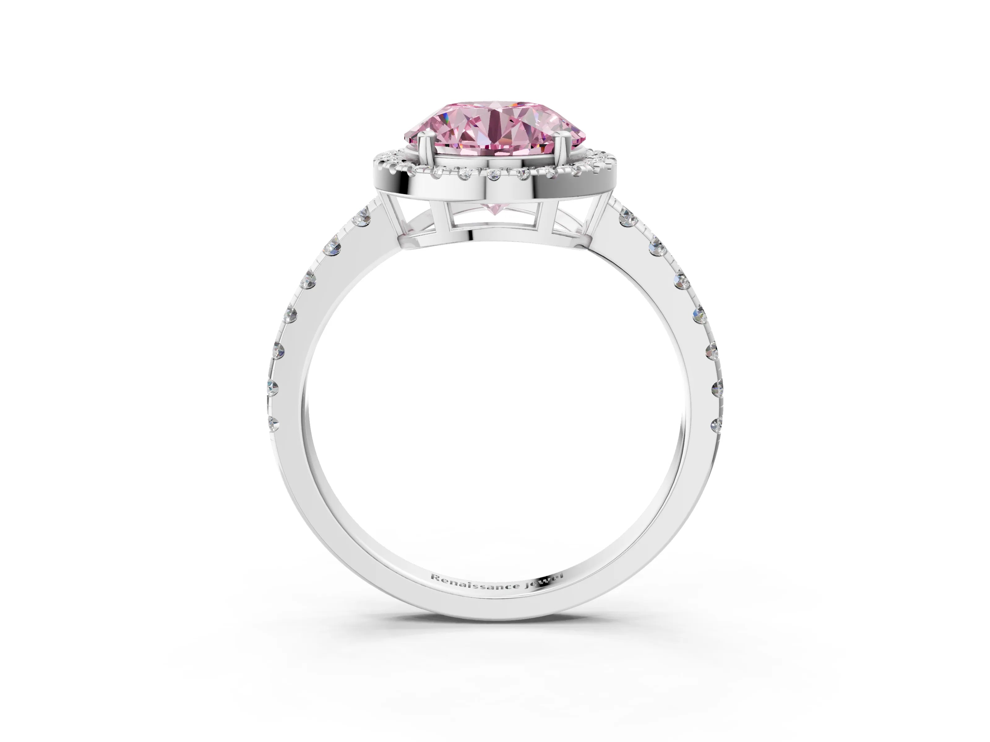 White gold Fancy Pink Round Cut Diamond Halo Ring with Pavé Band and Four-Prong Setting_3