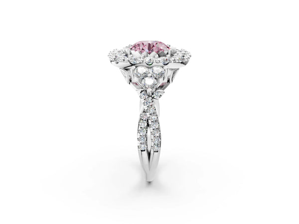 Platinum Fancy Pink Round Cut Diamond Halo Ring with Pavé Band and Four-Prong Setting