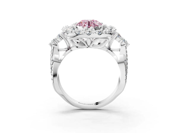 Platinum Fancy Pink Round Cut Diamond Halo Ring with Pavé Band and Four-Prong Setting