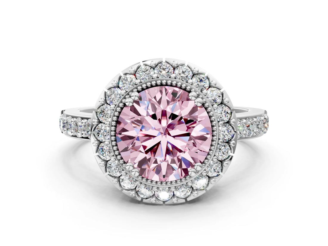 White gold Fancy Pink Round Cut Diamond Halo Ring with Pavé Band and Prong Setting_11