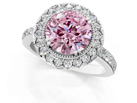 White gold Fancy Pink Round Cut Diamond Halo Ring with Pavé Band and Prong Setting_12