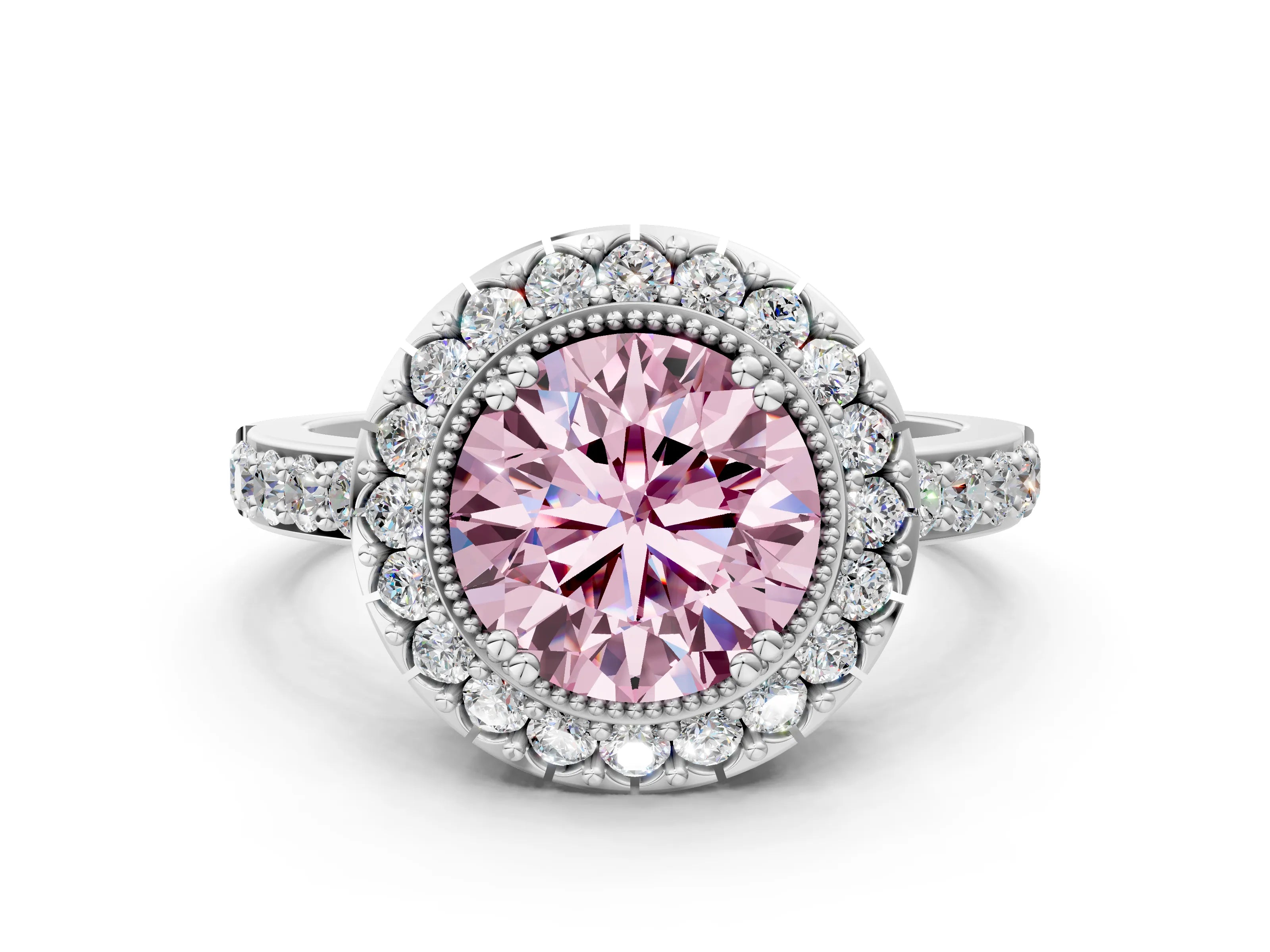 White gold Fancy Pink Round Cut Diamond Halo Ring with Pavé Band and Prong Setting_36