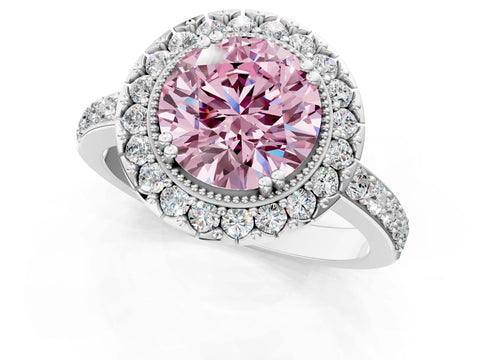 White gold Fancy Pink Round Cut Diamond Halo Ring with Pavé Band and Prong Setting_37