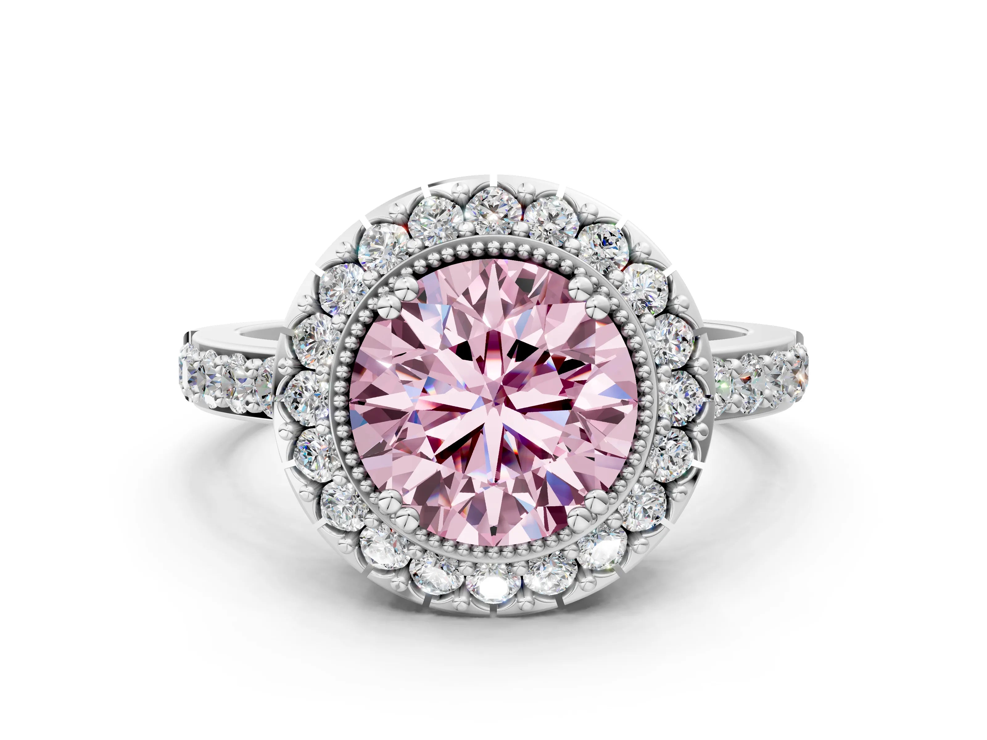 White gold Fancy Pink Round Cut Diamond Halo Ring with Pavé Band and Prong Setting_61