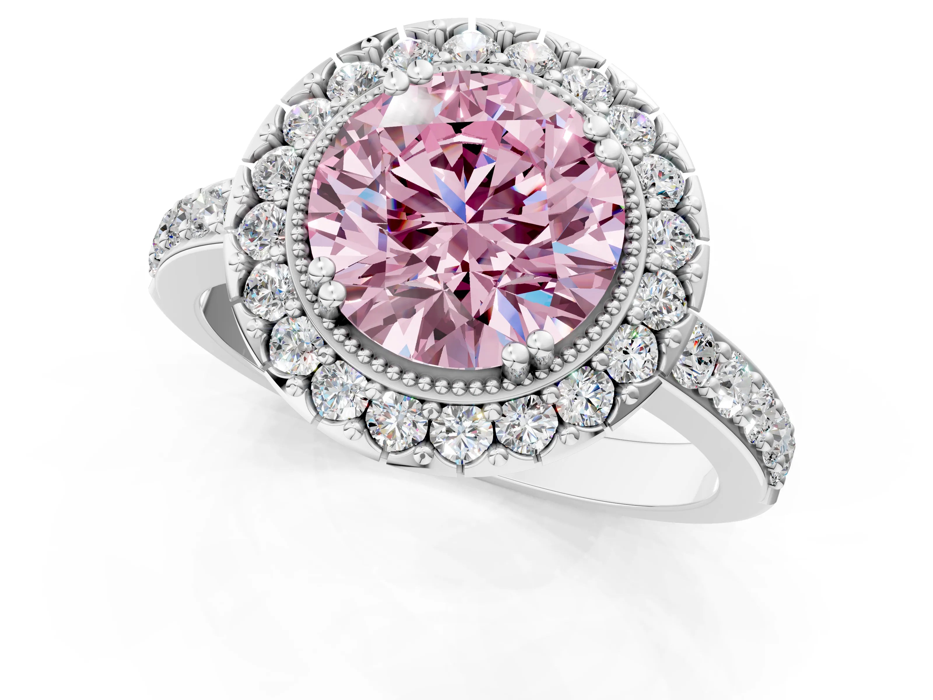White gold Fancy Pink Round Cut Diamond Halo Ring with Pavé Band and Prong Setting_62