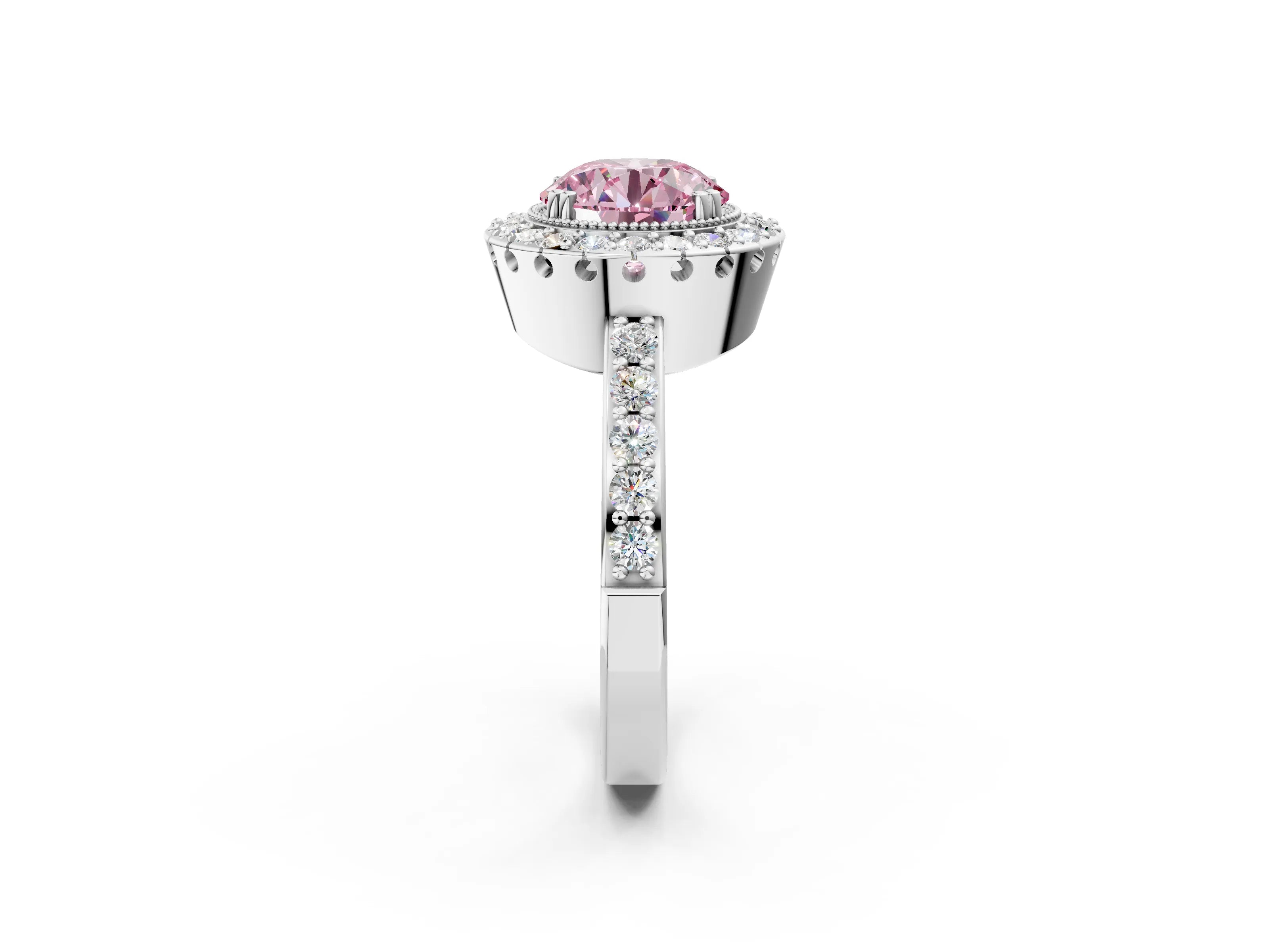 White gold Fancy Pink Round Cut Diamond Halo Ring with Pavé Band and Prong Setting_63
