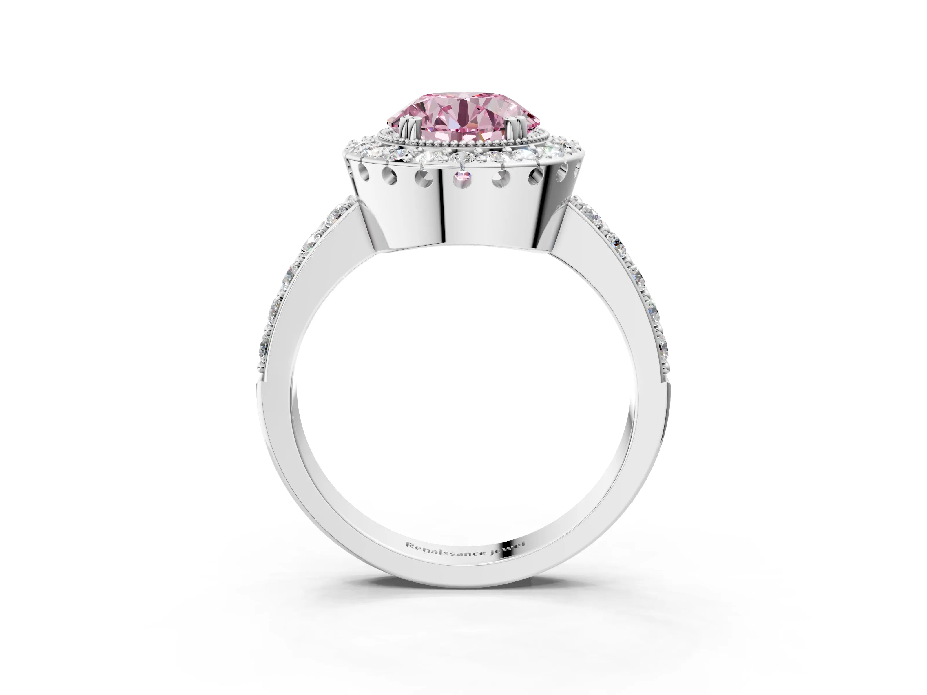 White gold Fancy Pink Round Cut Diamond Halo Ring with Pavé Band and Prong Setting_64