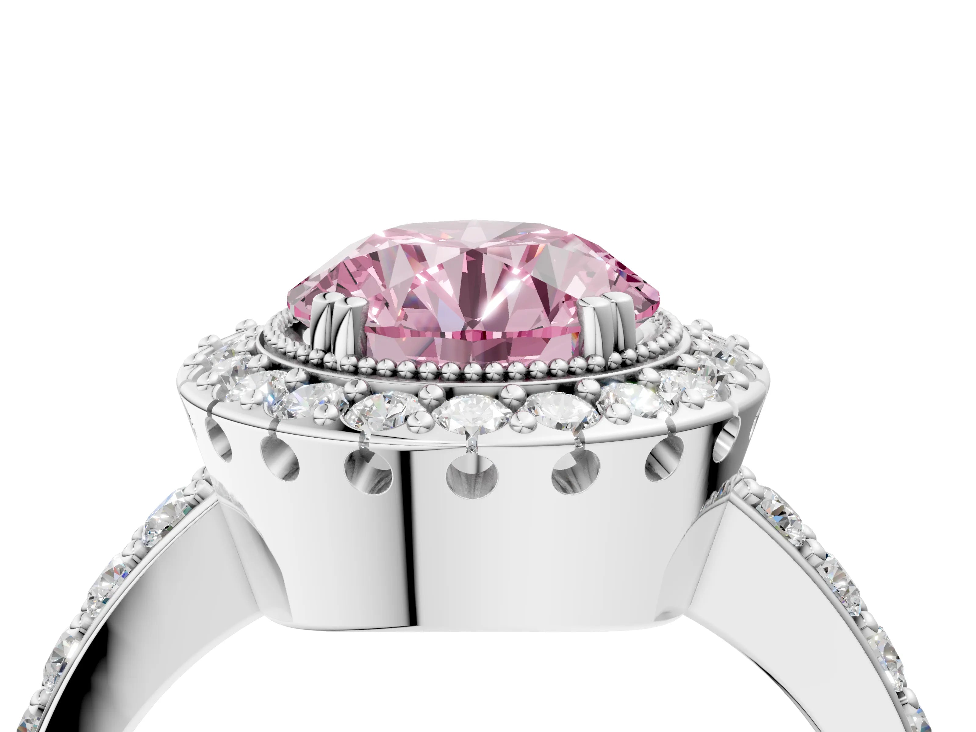 White gold Fancy Pink Round Cut Diamond Halo Ring with Pavé Band and Prong Setting_65