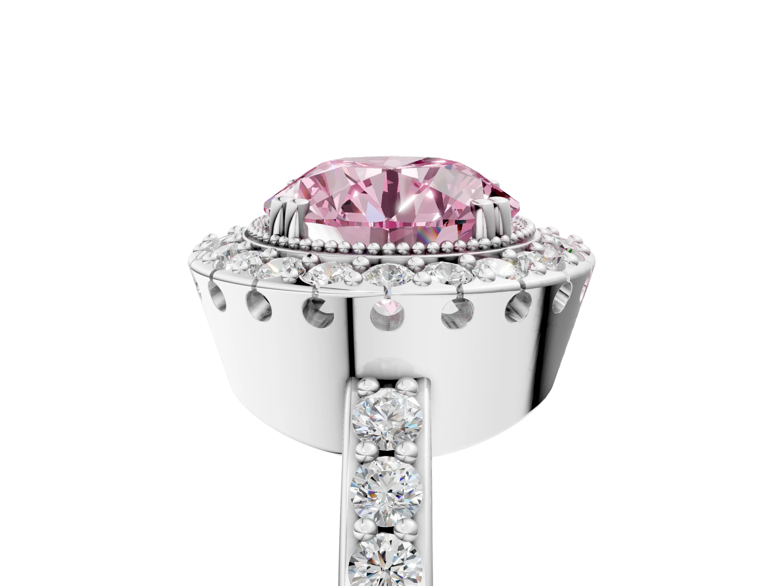 White gold Fancy Pink Round Cut Diamond Halo Ring with Pavé Band and Prong Setting_66