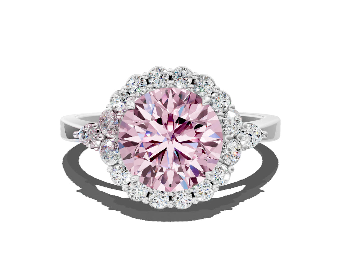 White gold Fancy Pink Round Cut Diamond Halo Ring with Pear Side Stones and Prong Setting_40