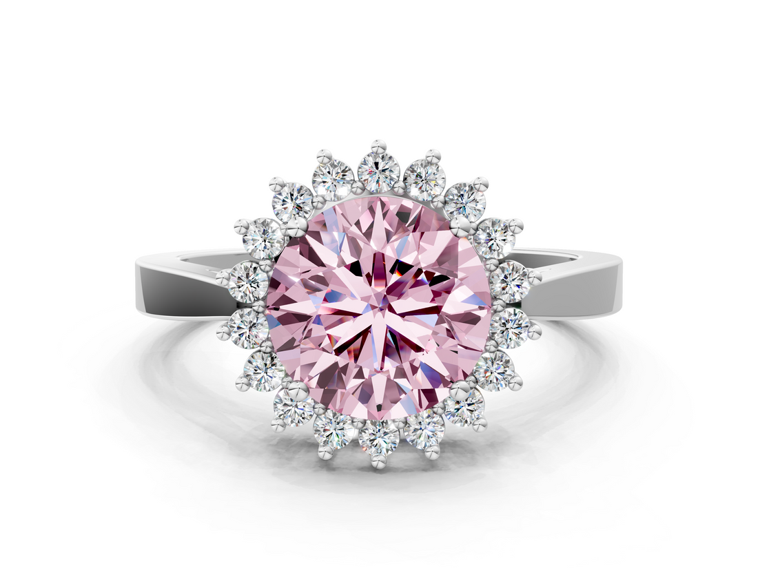 White gold Fancy Pink Round  Cut Diamond Halo Ring with Round Brilliant Halo and Solitaire Band