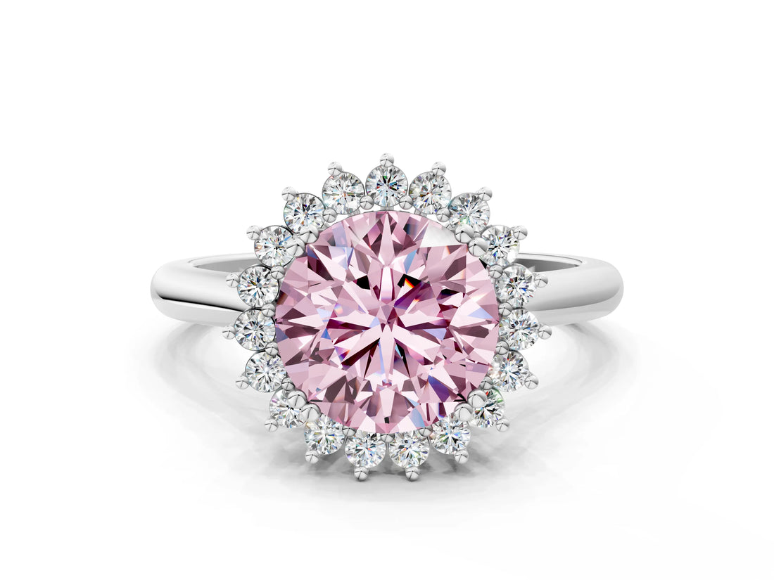 White gold Fancy Pink Round  Cut Diamond Halo Ring with Solitaire Band and Prong Setting_29