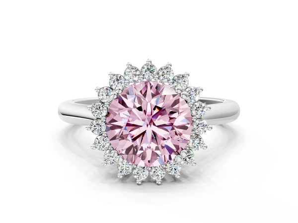 White gold Fancy Pink Round  Cut Diamond Halo Ring with Solitaire Band and Prong Setting
