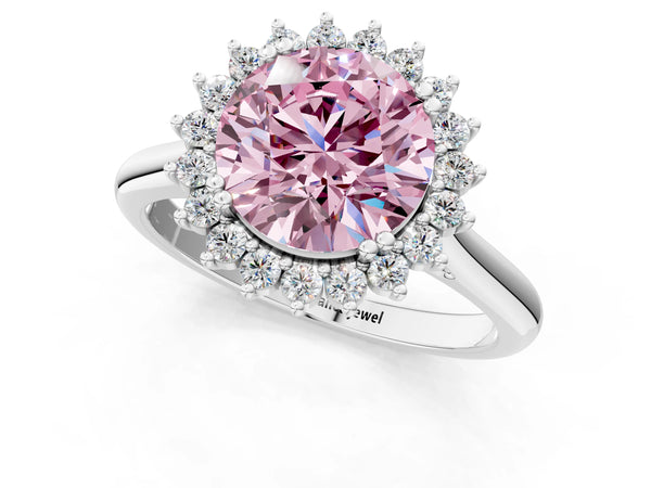 White gold Fancy Pink Round  Cut Diamond Halo Ring with Solitaire Band and Prong Setting