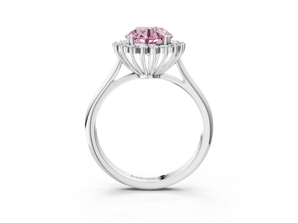 White gold Fancy Pink Round  Cut Diamond Halo Ring with Solitaire Band and Prong Setting