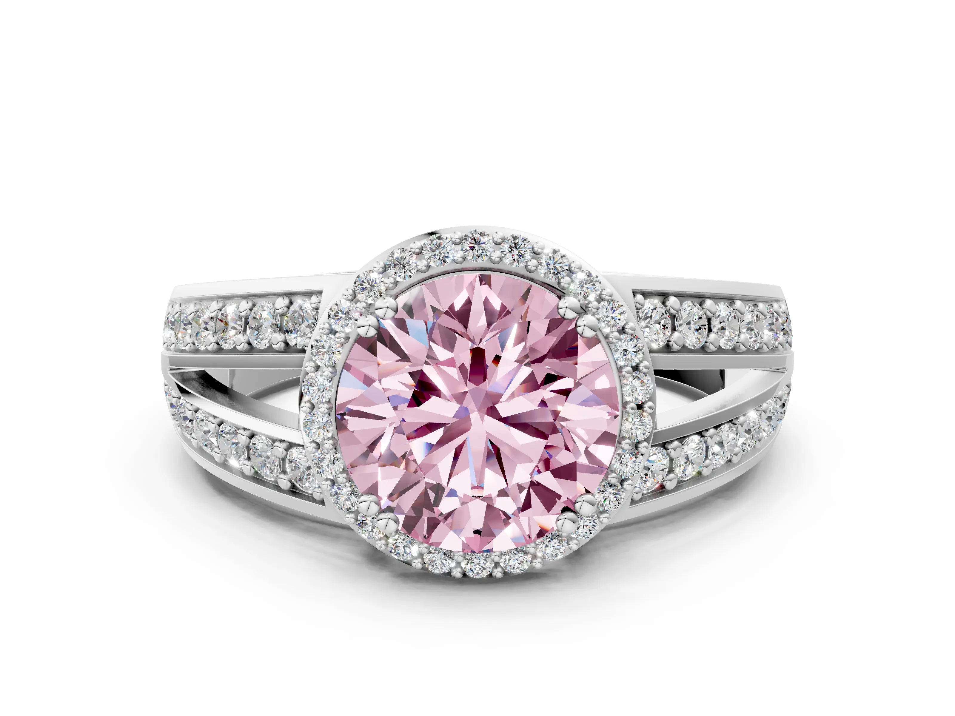 White gold Fancy Pink Round Cut Diamond Halo Ring with Split Shank Pavé Band and Four-Prong Setting_12