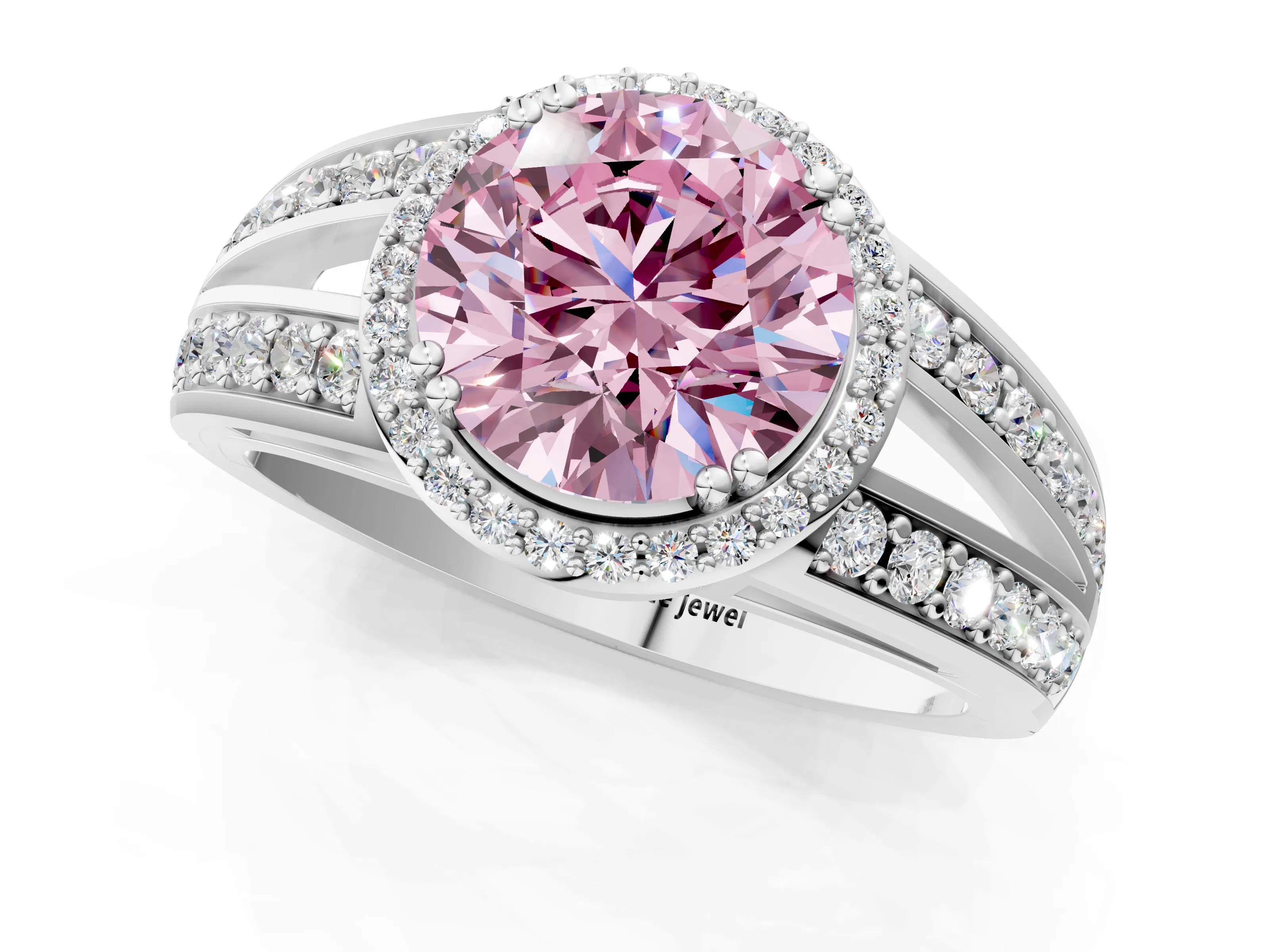 White gold Fancy Pink Round Cut Diamond Halo Ring with Split Shank Pavé Band and Four-Prong Setting_13