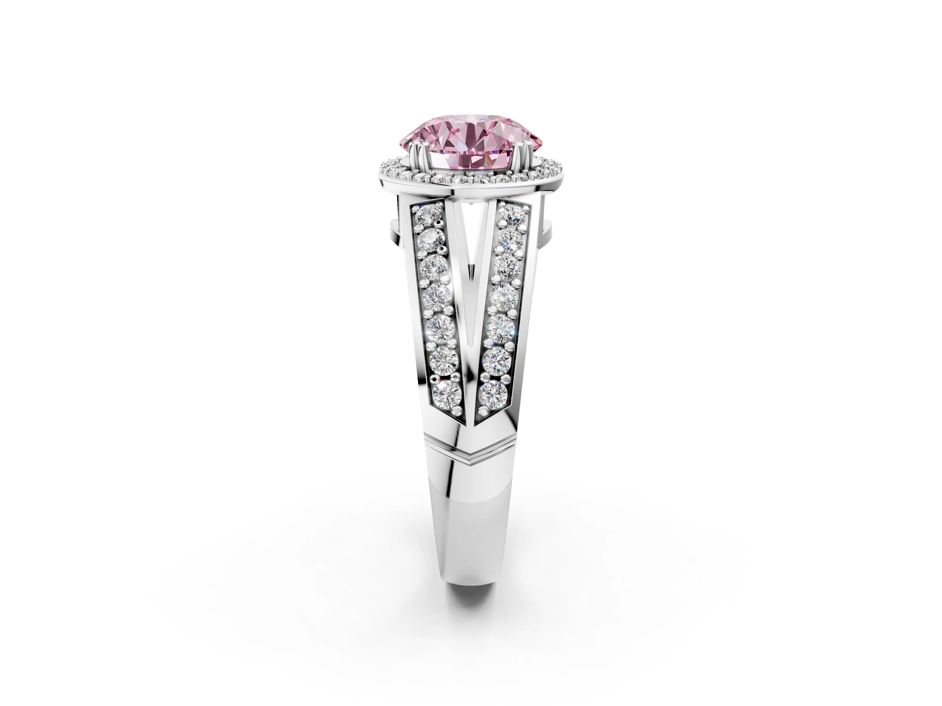 White gold Fancy Pink Round Cut Diamond Halo Ring with Split Shank Pavé Band and Four-Prong Setting_14