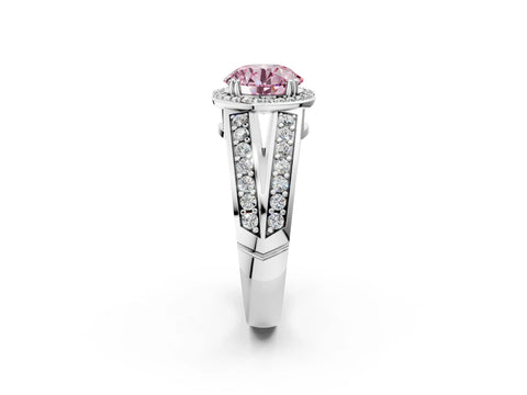 White gold Fancy Pink Round Cut Diamond Halo Ring with Split Shank Pavé Band and Four-Prong Setting_14