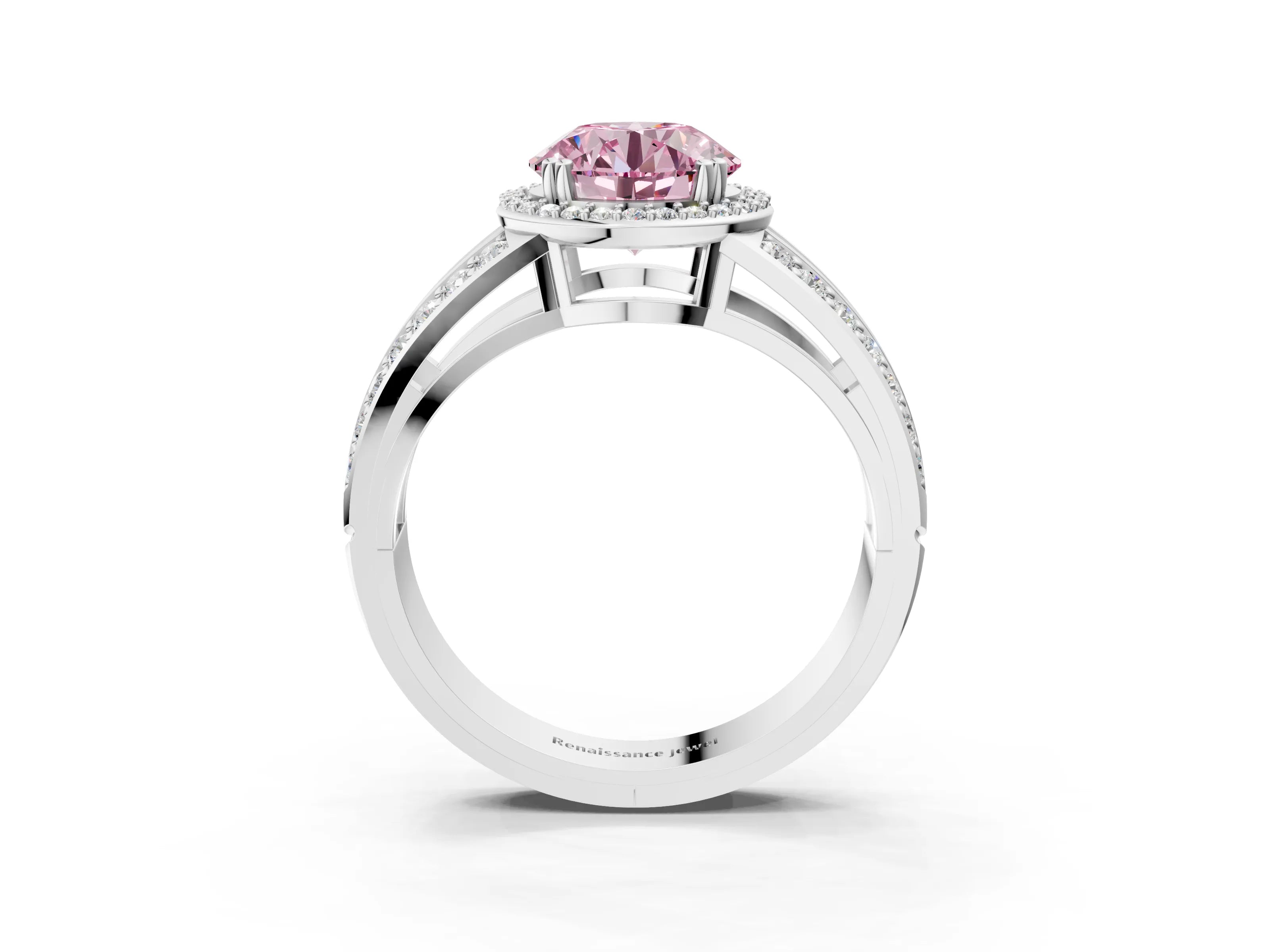 White gold Fancy Pink Round Cut Diamond Halo Ring with Split Shank Pavé Band and Four-Prong Setting_15