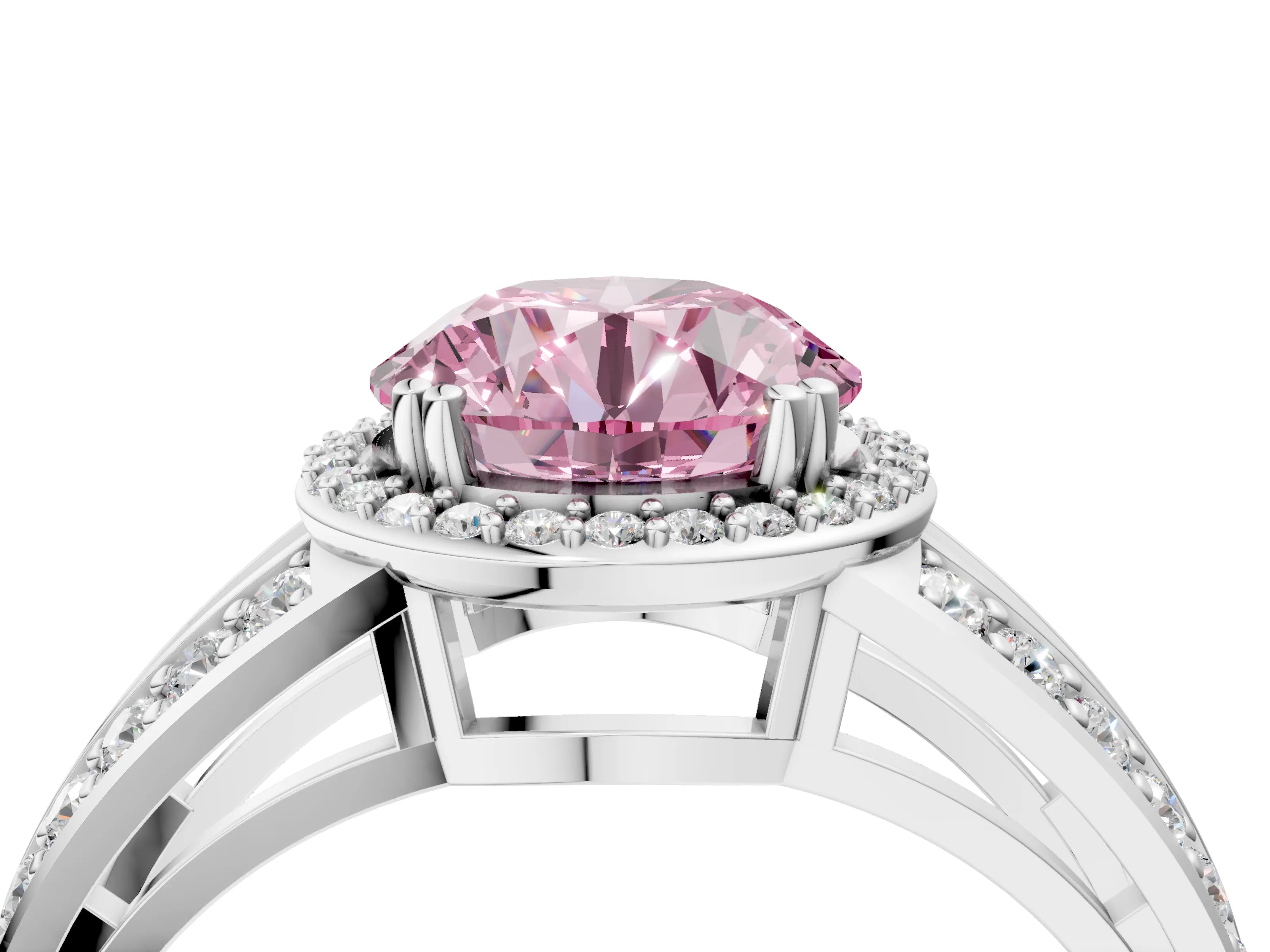 White gold Fancy Pink Round Cut Diamond Halo Ring with Split Shank Pavé Band and Four-Prong Setting_16