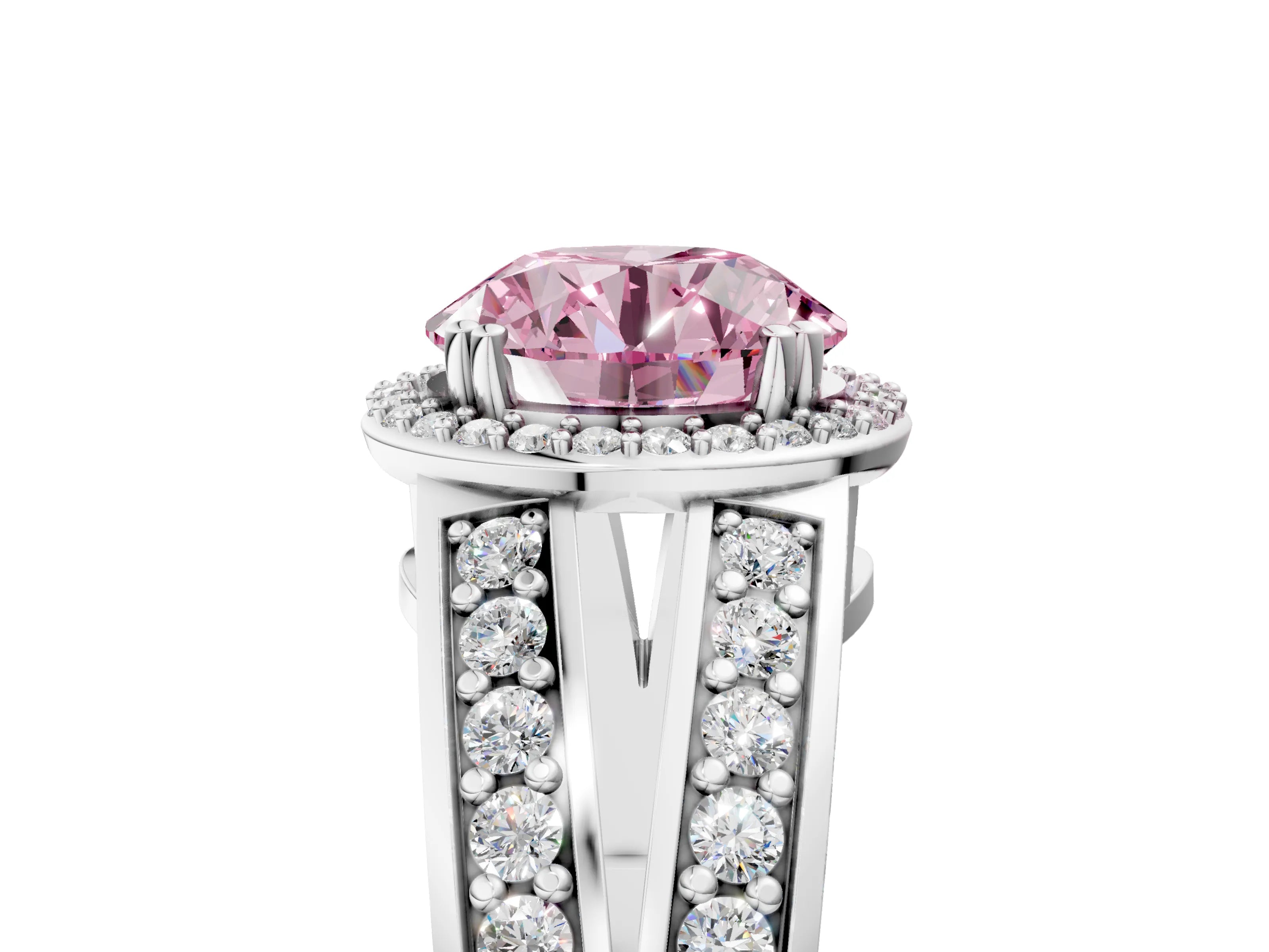 White gold Fancy Pink Round Cut Diamond Halo Ring with Split Shank Pavé Band and Four-Prong Setting_17