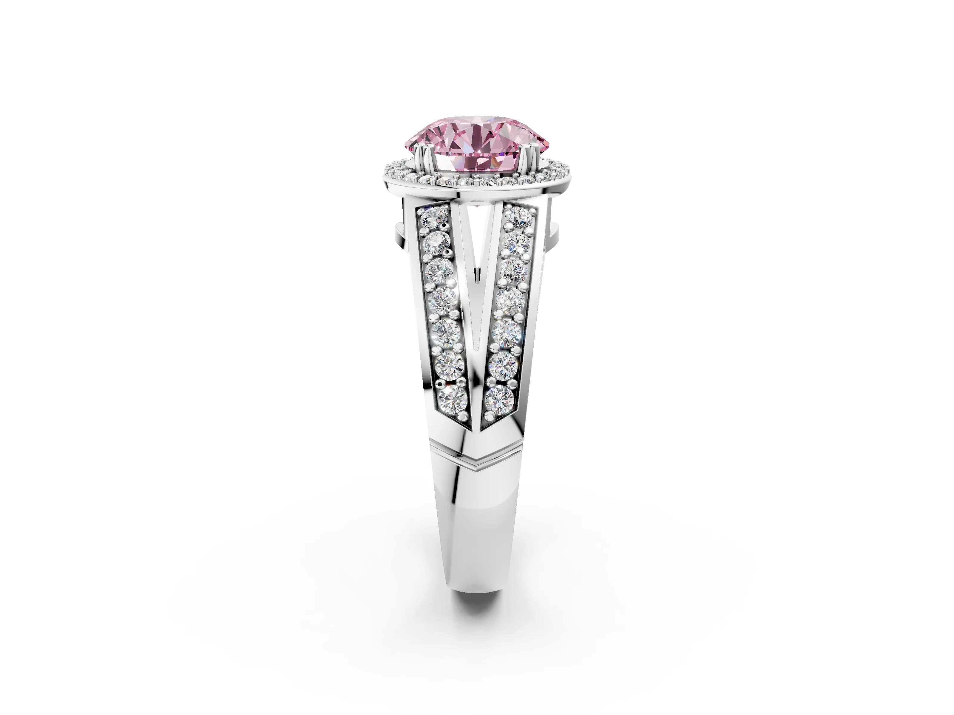 White gold Fancy Pink Round Cut Diamond Halo Ring with Split Shank Pavé Band and Four-Prong Setting_2