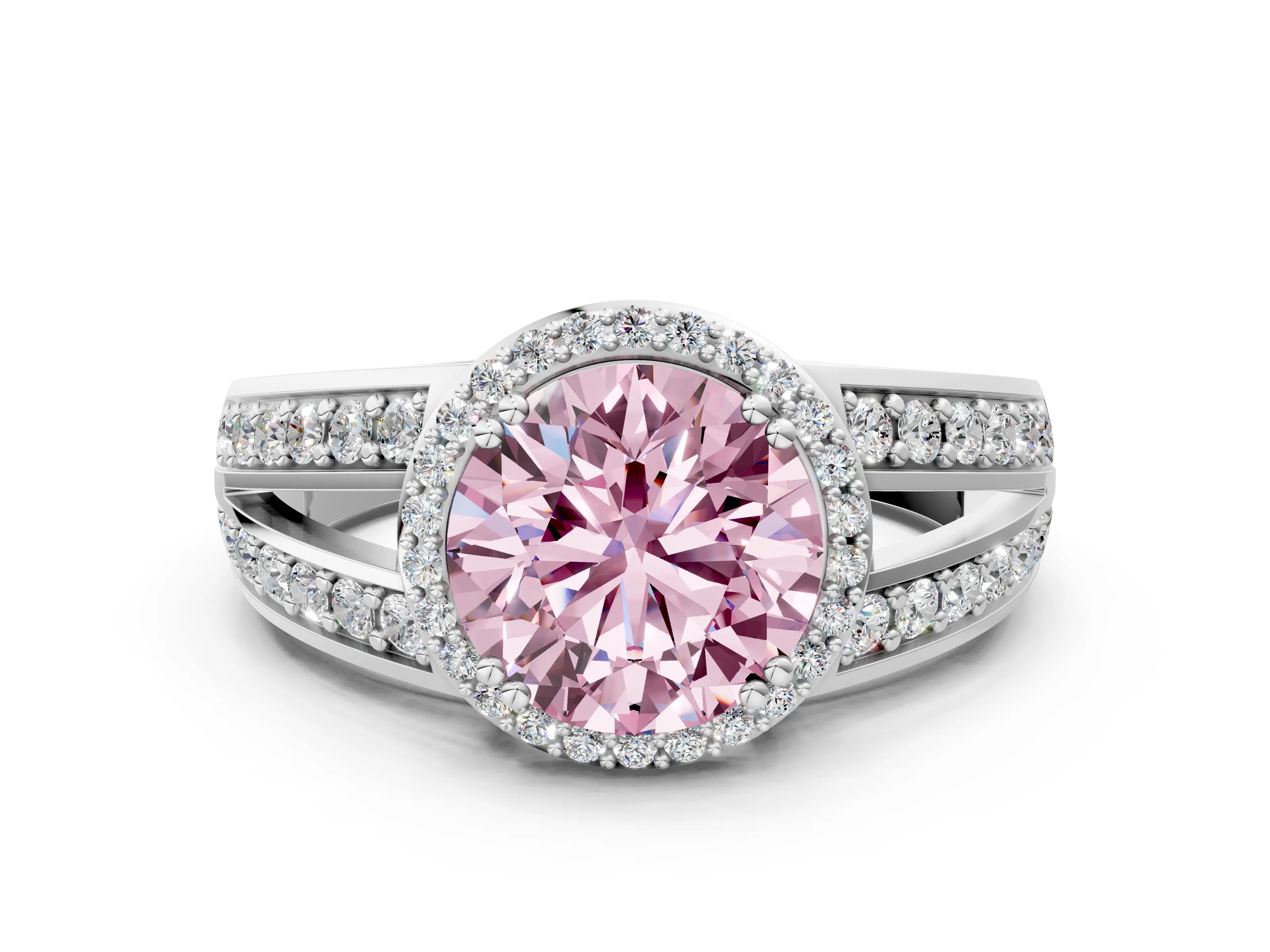 White gold Fancy Pink Round Cut Diamond Halo Ring with Split Shank Pavé Band and Four-Prong Setting