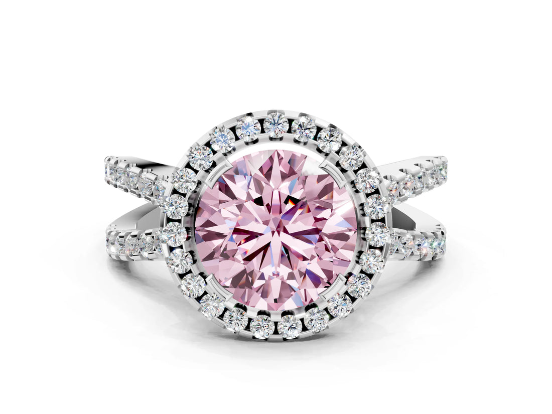 White gold Fancy Pink Round Cut Diamond Halo Ring with Split Shank Pavé Band and Prong Setting_17