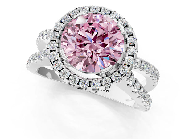 White gold Fancy Pink Round Cut Diamond Halo Ring with Split Shank Pavé Band and Prong Setting