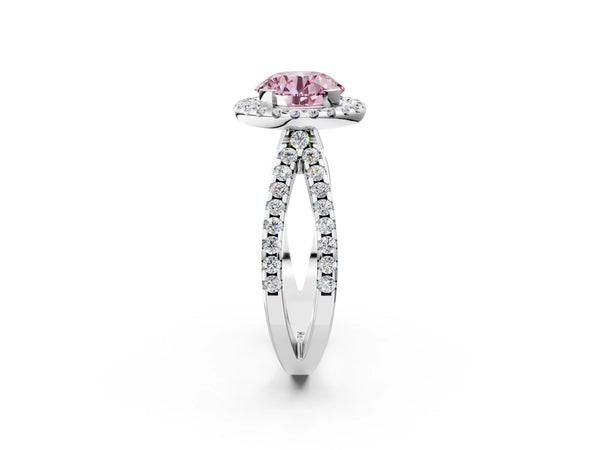 White gold Fancy Pink Round Cut Diamond Halo Ring with Split Shank Pavé Band and Prong Setting