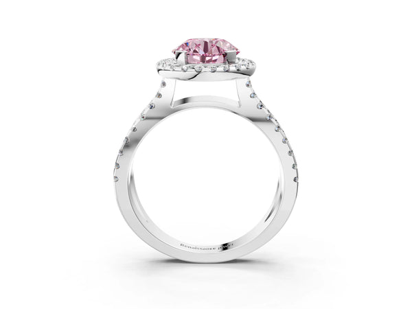White gold Fancy Pink Round Cut Diamond Halo Ring with Split Shank Pavé Band and Prong Setting