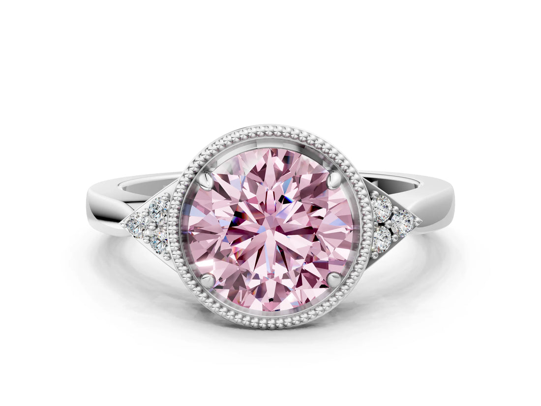 White gold Fancy Pink Round Cut Diamond Halo Ring with Tapered Band and Four-Prong Setting_19