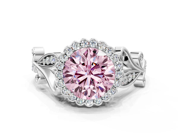 White Gold Round Graduated Leaf Halo Engagement Ring Setting for Fancy Pink Center