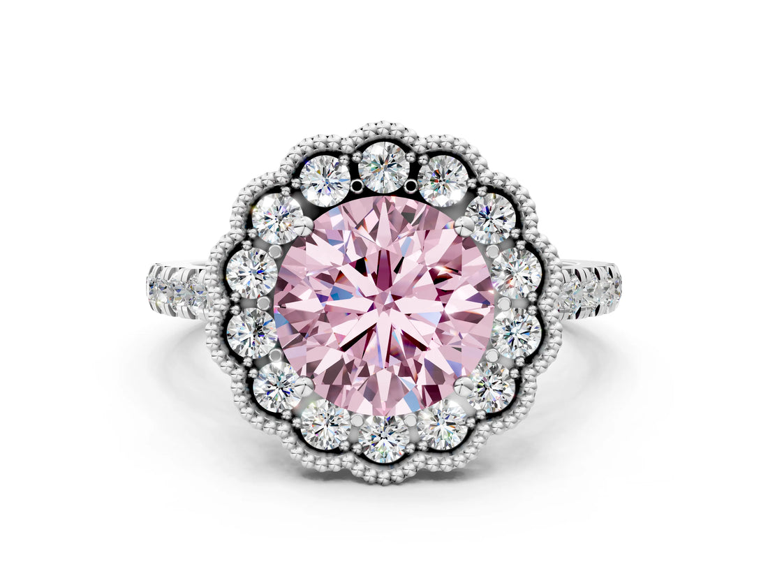 White gold Fancy Pink Round  Cut Diamond Milgrain Floral Halo Engagement Ring with Pavé Band_33