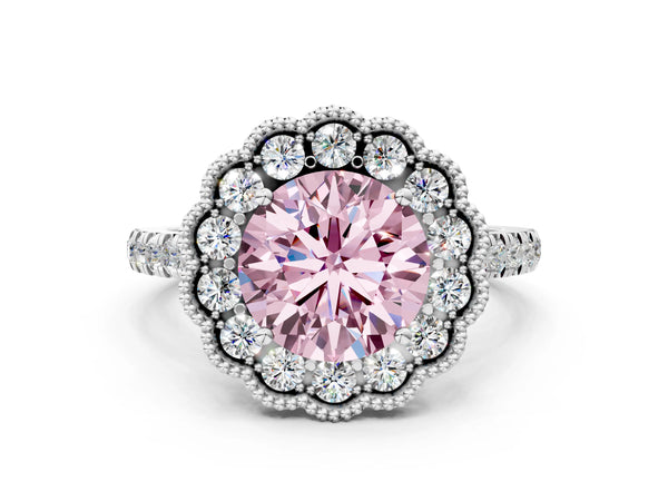 White gold Fancy Pink Round  Cut Diamond Milgrain Floral Halo Engagement Ring with Pavé Band