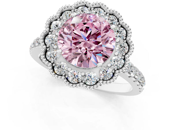 White gold Fancy Pink Round  Cut Diamond Milgrain Floral Halo Engagement Ring with Pavé Band