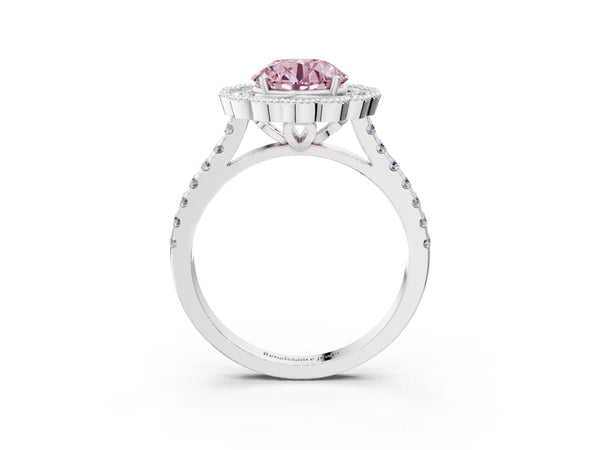 White gold Fancy Pink Round  Cut Diamond Milgrain Floral Halo Engagement Ring with Pavé Band