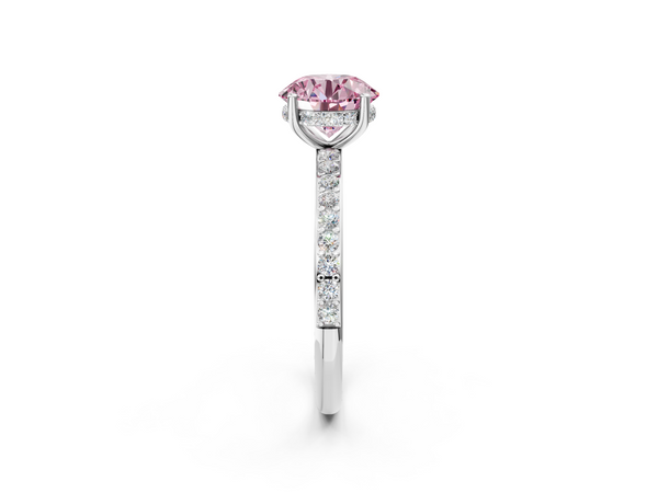White gold Fancy Pink Round  Cut Diamond Pavé Band Ring with Four-Prong Setting