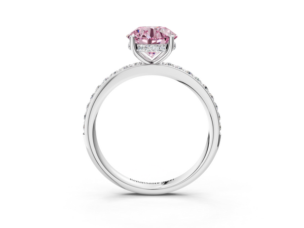 White gold Fancy Pink Round  Cut Diamond Pavé Band Ring with Four-Prong Setting