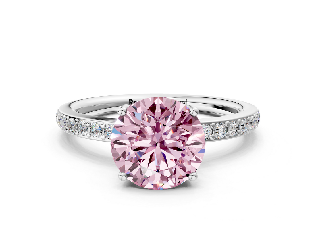 White gold Fancy Pink Round  Cut Diamond Pavé Band Ring with Four-Prong Setting