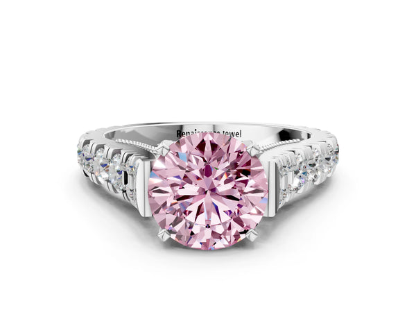 Platinum Fancy Pink Round Cut Diamond Classic Solitaire Ring with Pavé Band and Four-Prong Setting
