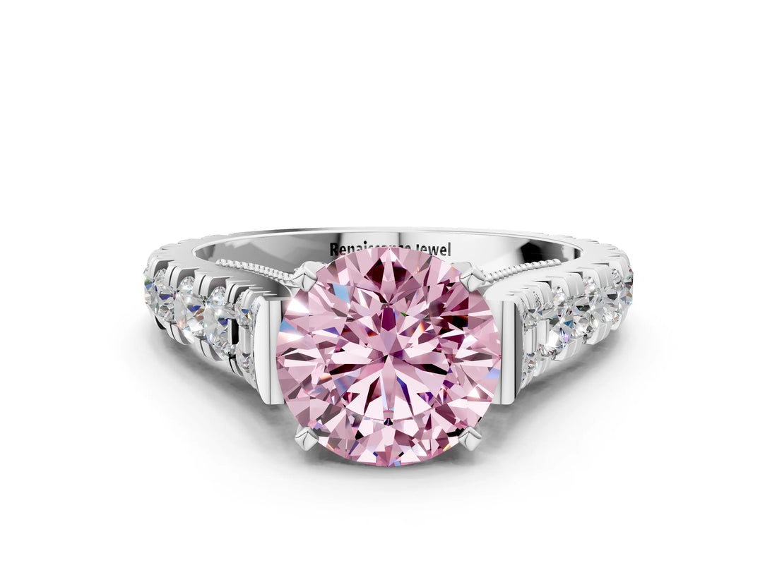 White gold Fancy Pink Round  Cut Diamond Pavé Band Solitaire with Four-Prong Setting_15