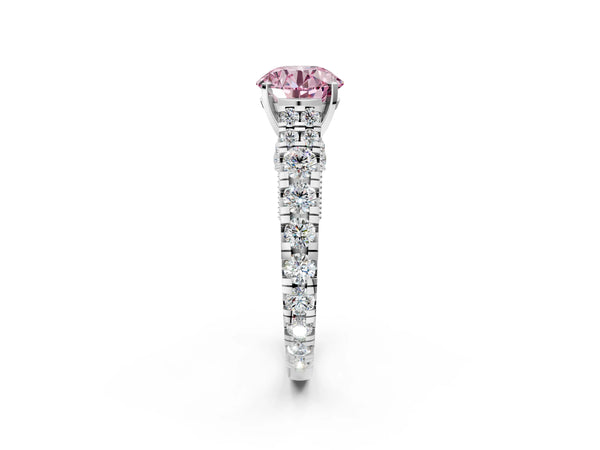 Platinum Fancy Pink Round Cut Diamond Classic Solitaire Ring with Pavé Band and Four-Prong Setting