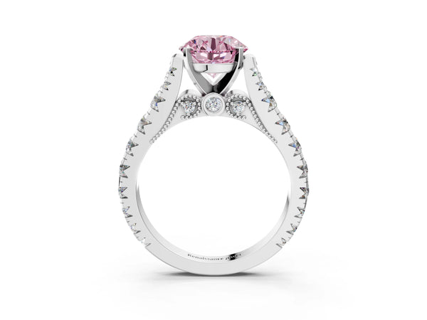 Platinum Fancy Pink Round Cut Diamond Classic Solitaire Ring with Pavé Band and Four-Prong Setting