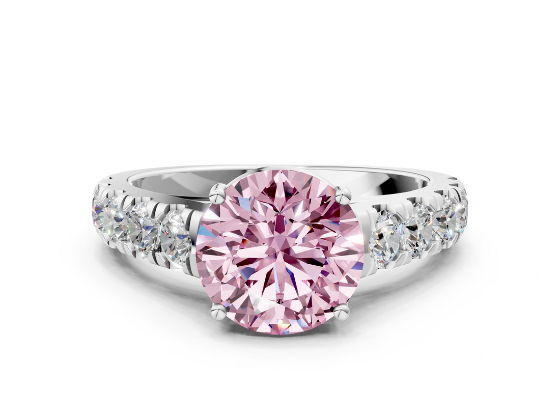 White gold Fancy Pink Round  Cut Diamond Pavé Band Solitaire with Four-Prong Setting_3