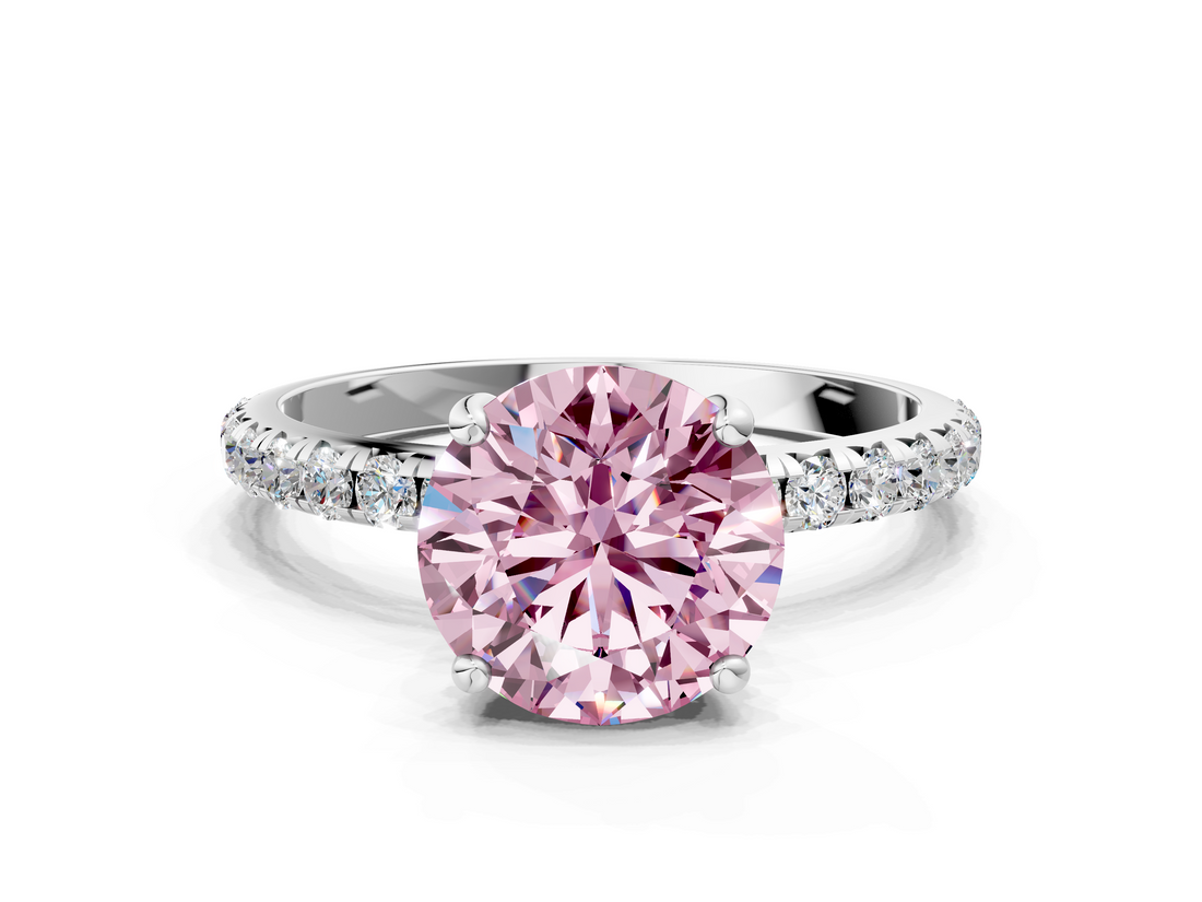 White gold Fancy Pink Round  Cut Diamond Pavé Band Solitaire with Four-Prong Setting_3
