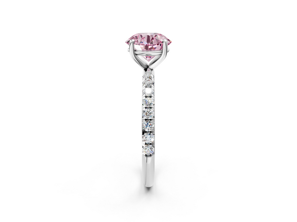 Platinum Fancy Pink Round  Cut Diamond Solitaire Ring with Micro Pave Band and Four Prong Setting